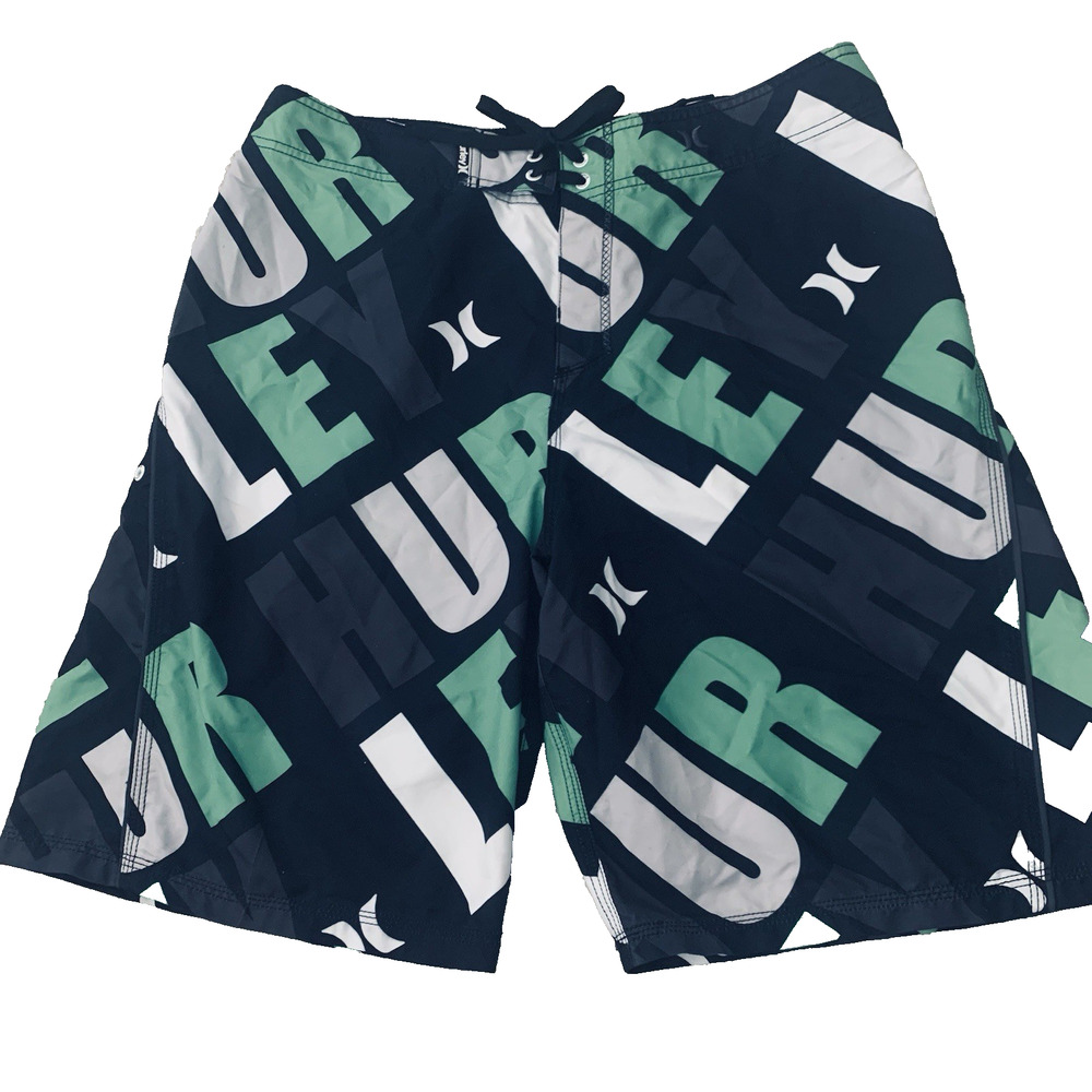 Hurley Board Shorts Mens 36 Black Spell Out Polyester Swim Trunks